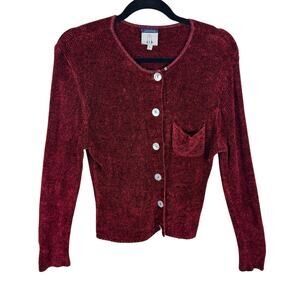 Cousin Johnny Red Black Heather Plush Long Sleeve Button Up Cardigan‎ Size L